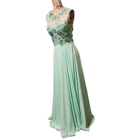 Formal Lt Green Rhinestones Floral Lace Sweetheart Bodice Long Gown Maxi Dress - Picture 9 of 15